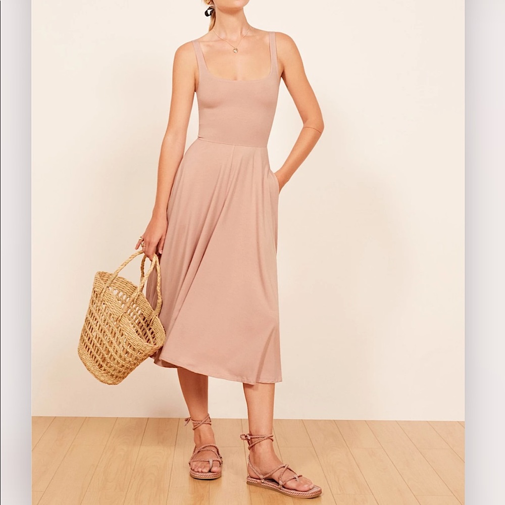 Reformation Blush Nude Square-Neck Midi Dress